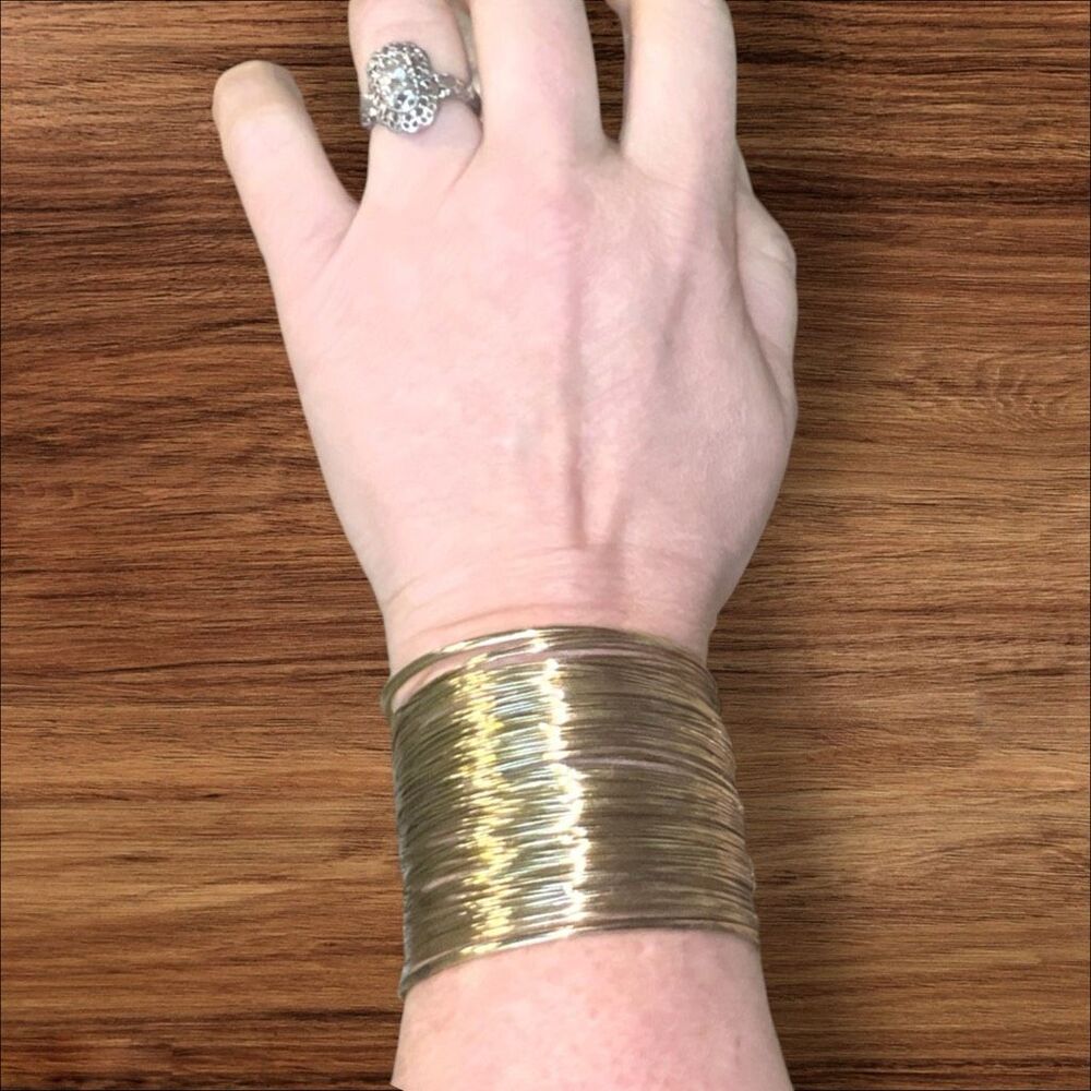 Gold Tone Multi Wire Wide Cuff Bracelet Sculptural Modernist 2 Inch